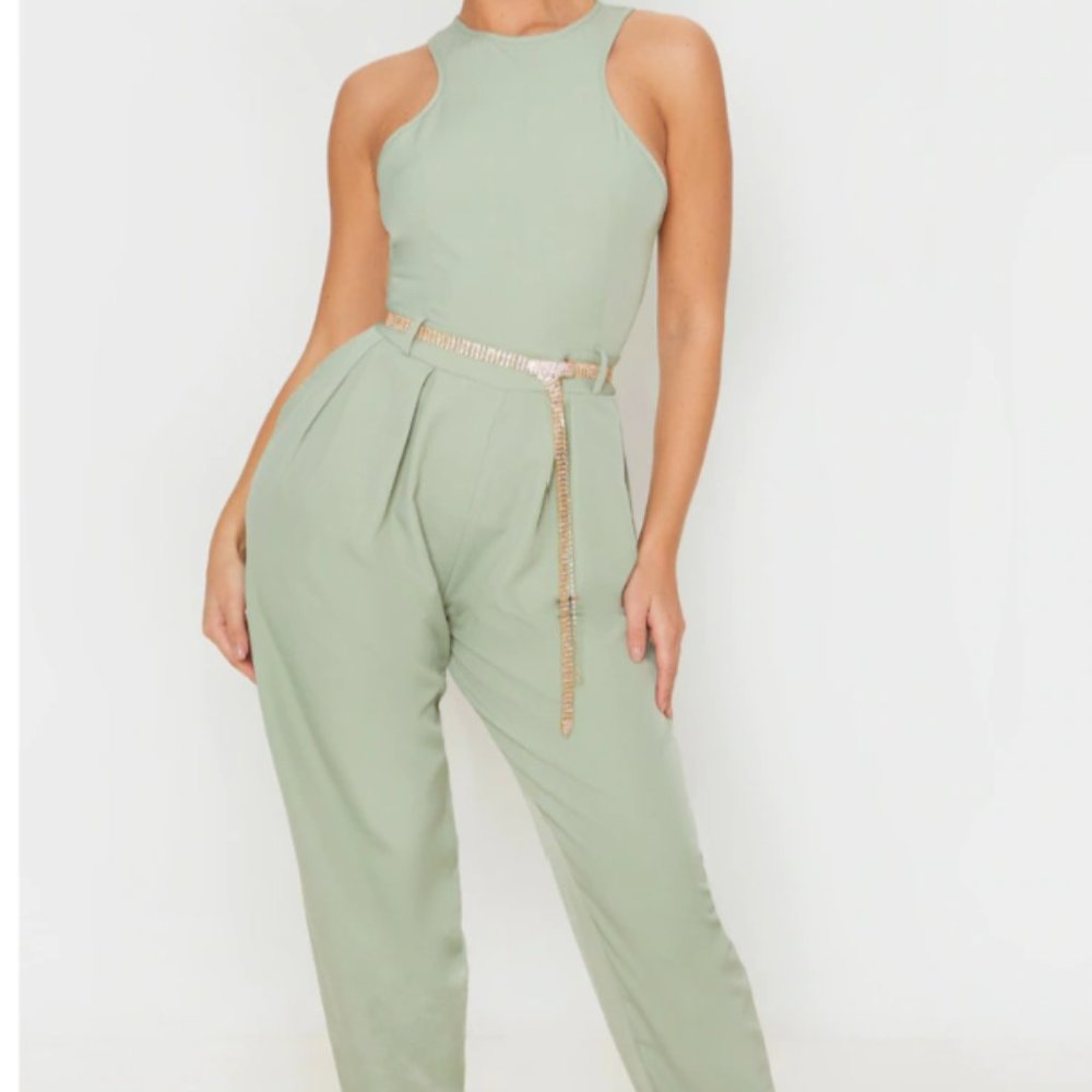 Sage Green Racer Back Pocket Detail Jumpsuit